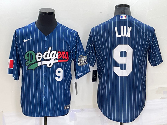 Men's Los Angeles Dodgers #9 Gavin Lux Navy Mexico World Series Cool Base Stitched Baseball Jersey